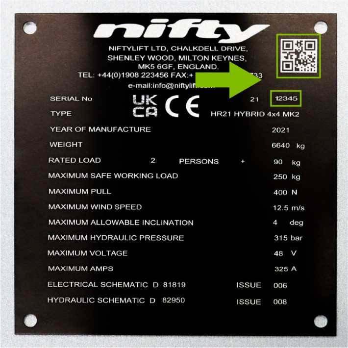 Niftylift Serial Plate (2008 - present) with serial number and QR code locations marked