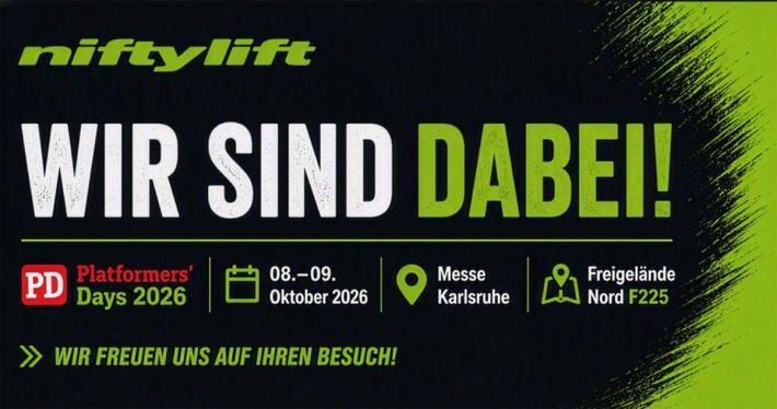 Niftylift at Platformers’ Days 2026 Niftylift’s German-language Platformers’ Days graphic announcing stand F225 at Messe Karlsruhe on 8–9 October 2026.