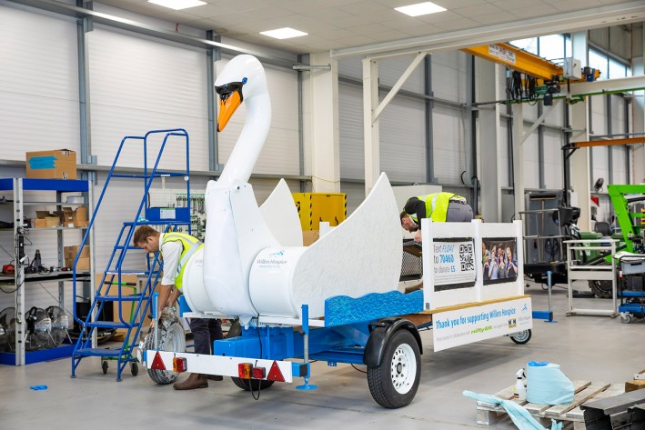 Niftylift's 'Sam the Swan' for Willen Hospice - Factory