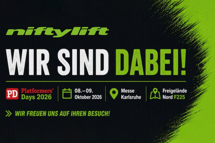 Niftylift à Platformers’ Days 2026 Visuel en allemand annonçant la présence de Niftylift sur le stand F225 à Platformers’ Days, à Messe Karlsruhe, les 8 et 9 octobre 2026.